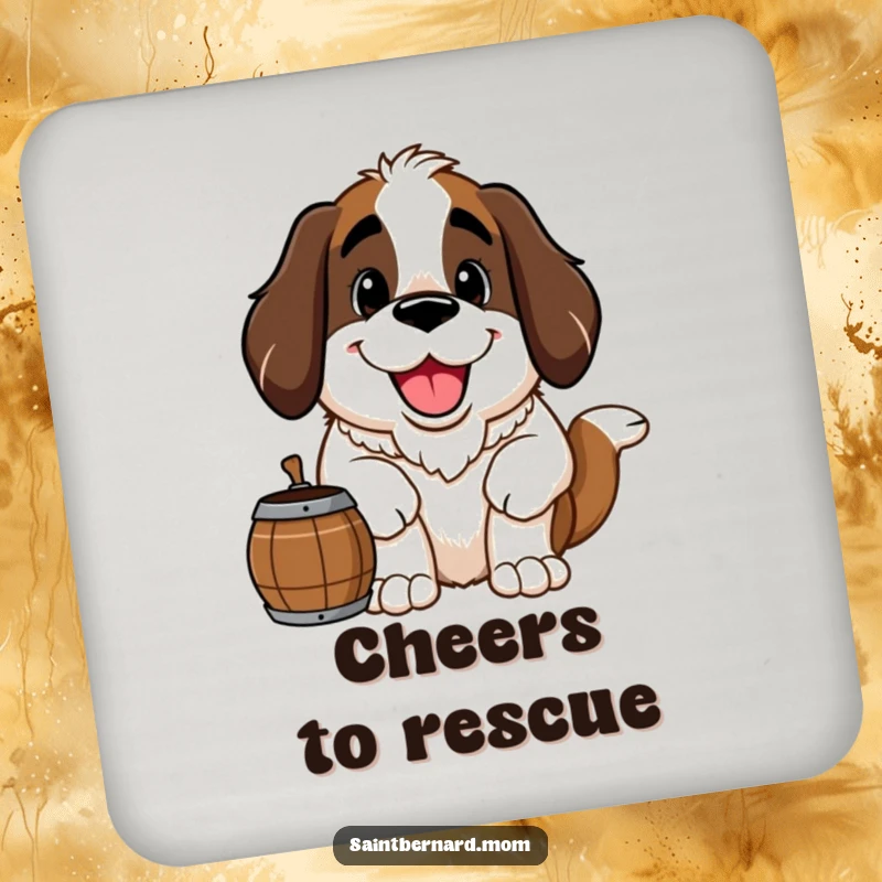 Funny Saint Bernard coaster showing a large, happy Saint Bernard dog with a friendly grin and barrel, protecting surfaces with warmth.