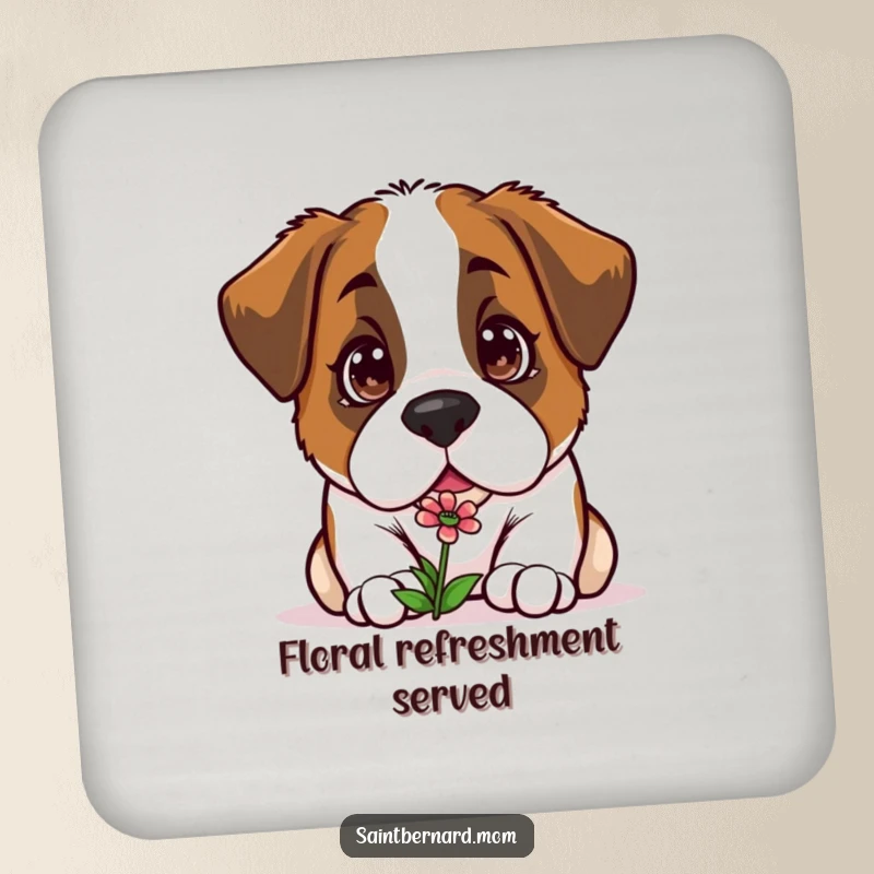 Funny Kawaii Saint Bernard coaster, a curious dog sniffing a small flower, protecting surfaces with nature's charm.