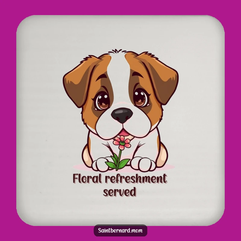 Funny Kawaii Saint Bernard Coaster: Curious Sniff, Flower Protection