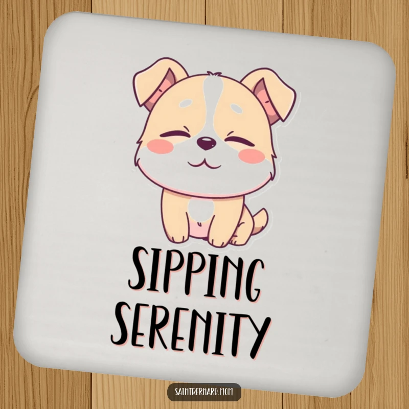 Funny drink coaster with a dog character with eyes half-closed in absolute contentment, protecting surfaces with serene charm.