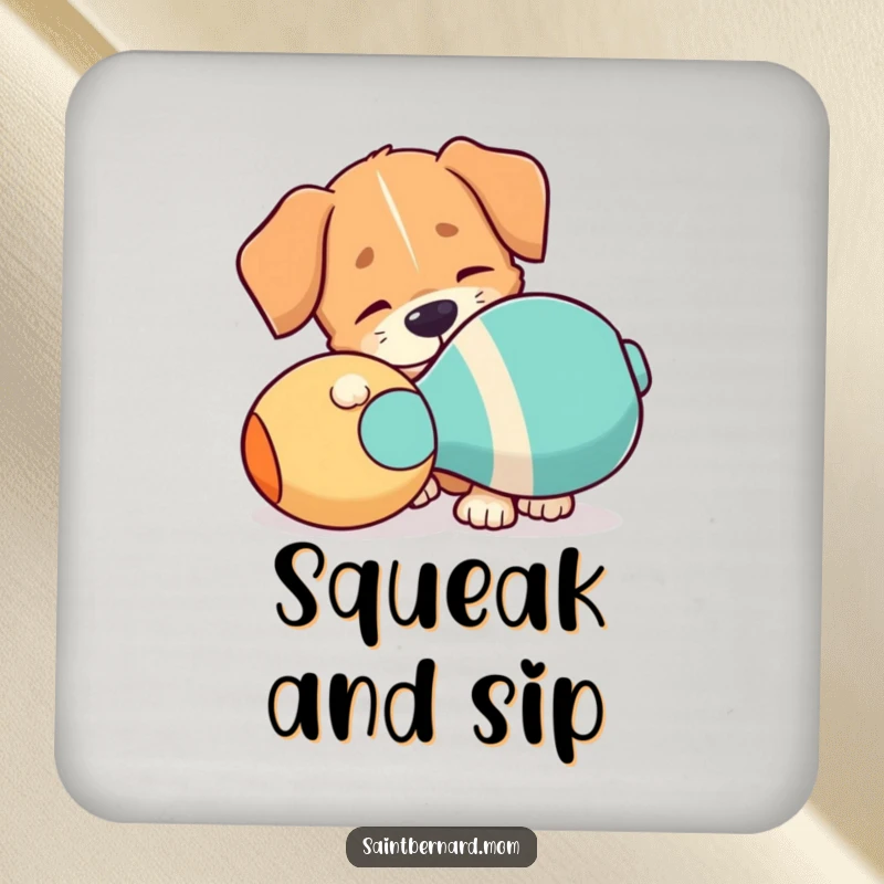 Funny Drink Coaster: A dog with a floppy ear playfully nudging a giant squeaky toy, adding humor to drink protection.