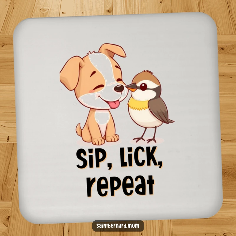 Funny Drink Coaster: A dog gently offers a lick to a tiny, curious bird, adding heartwarming humor to drink protection.