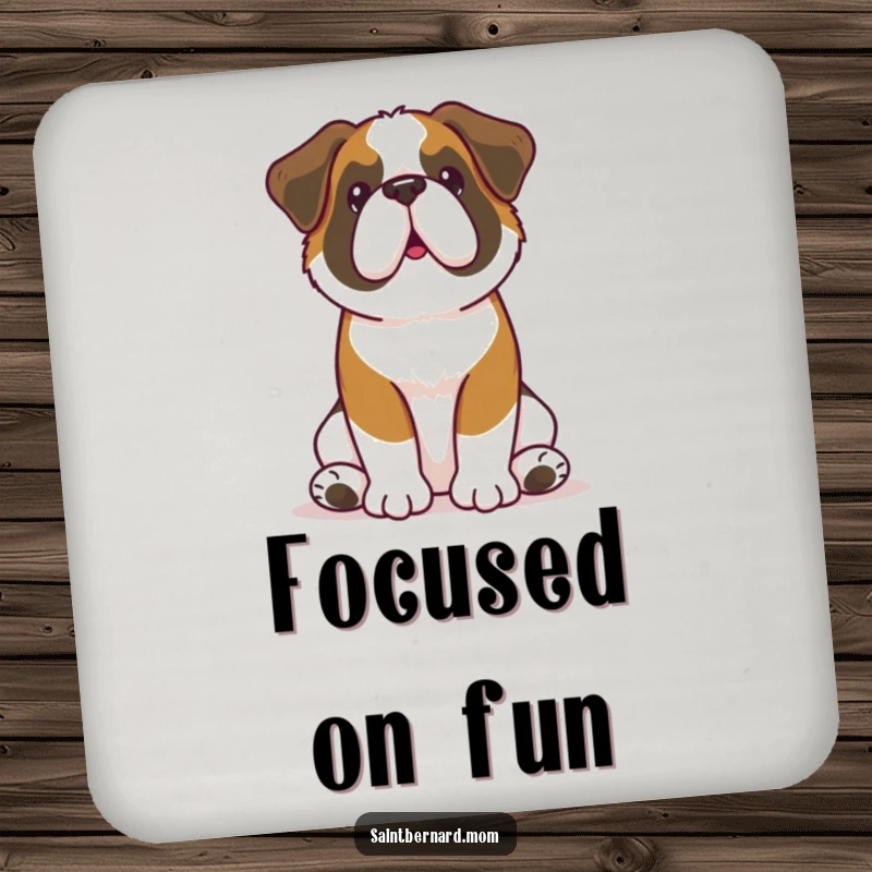 Funny Kawaii Saint Bernard drink coaster showing a dog sitting attentively with perked ears, protecting surfaces with humorous loyalty and charm.