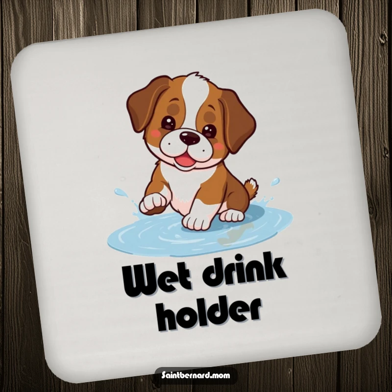 Funny Kawaii Saint Bernard coasters featuring a cute dog playfully splashing in a small puddle, protecting surfaces with a humorous water theme.
