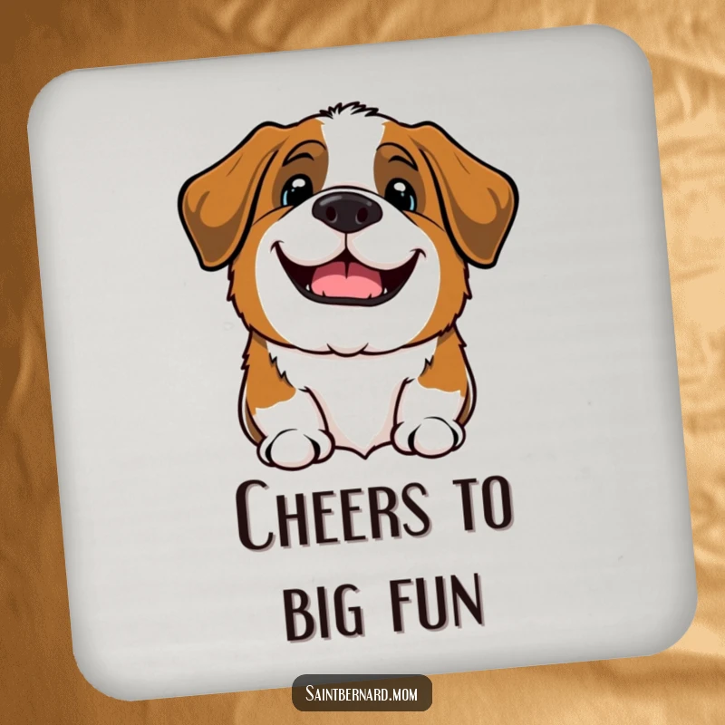 Funny Kawaii Saint Bernard dog coaster, cute pup barking a greeting, protecting surfaces with a friendly grin.