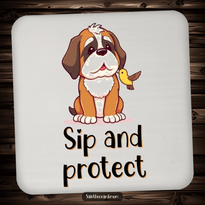 Funny Saint Bernard coaster with a design of a dog protectively observing a small bird, protecting furniture.