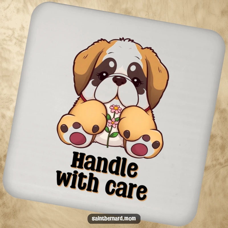Funny Saint Bernard coaster with a design of a dog's huge paws gently carrying a tiny flower, protecting furniture.
