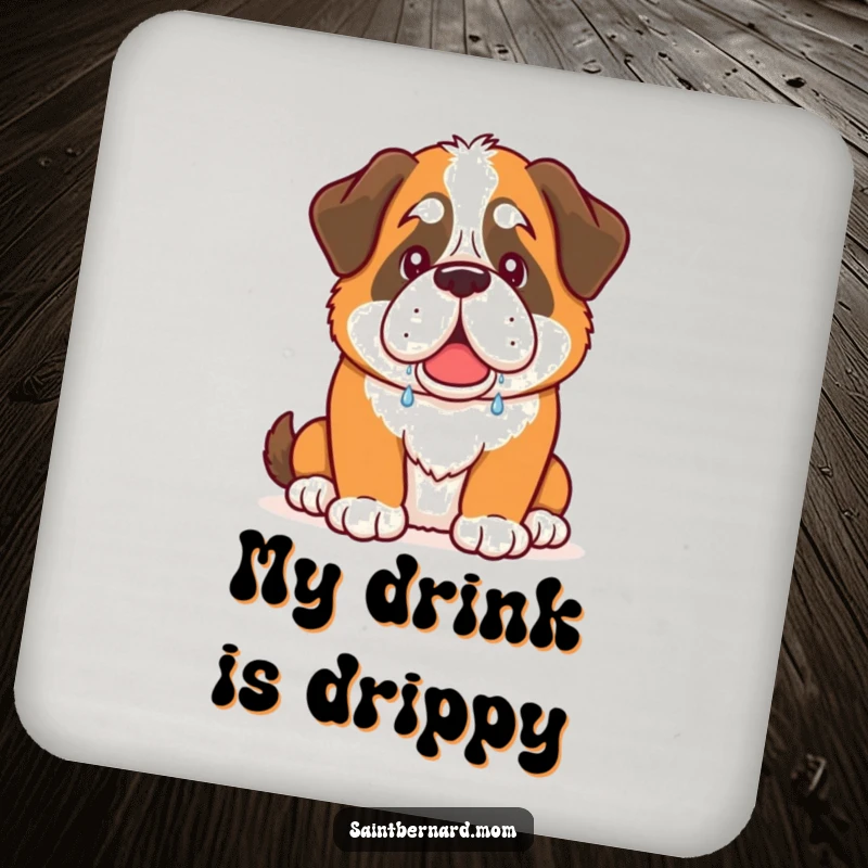 Funny Saint Bernard dog coaster with warm, friendly drool, protecting surfaces with humorous dog charm.