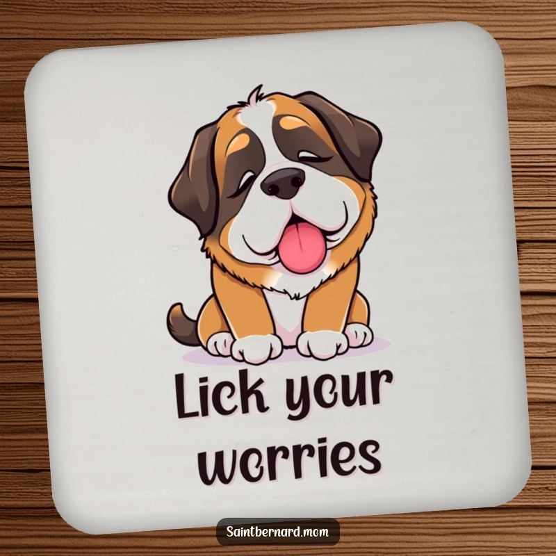 Funny Saint Bernard Lady Coaster showing a dog offering a comforting lick, offering surface protection with a gentle, caring touch.