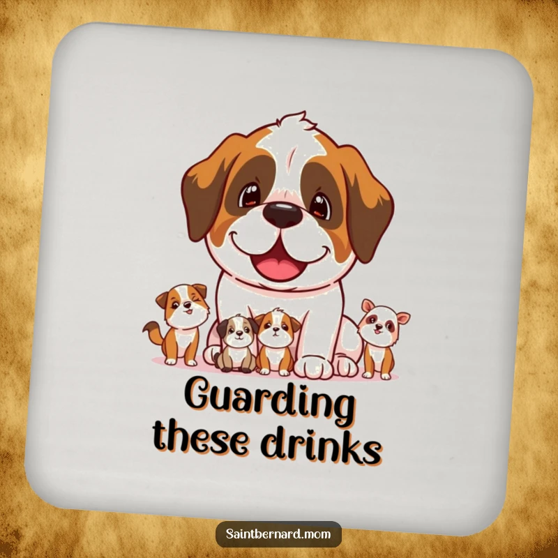 Funny Saint Bernard dog character protectively watching smaller animals on a protective drink coaster.