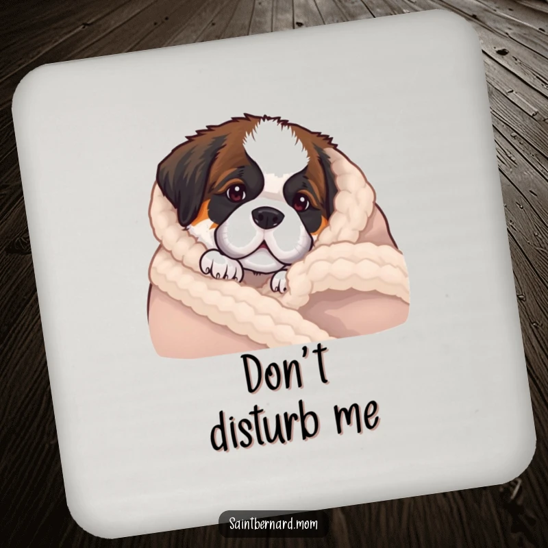 Funny Saint Bernard puppy coaster showing a dog peeking from behind a wool blanket, perfect for tabletops.