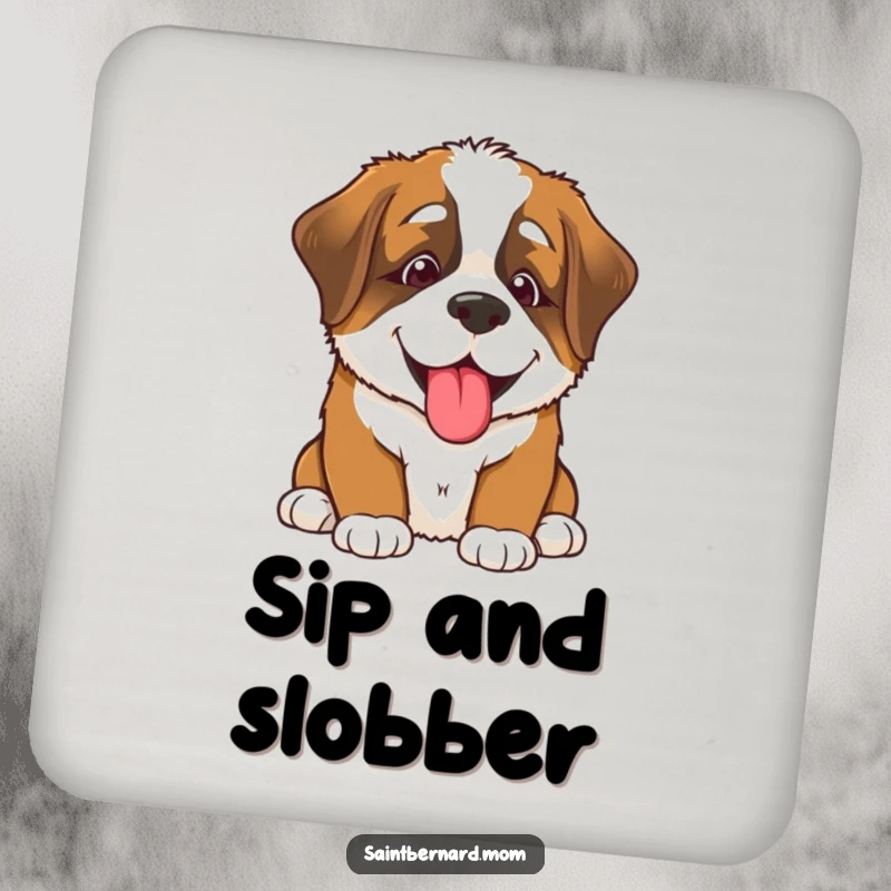 Funny Saint Bernard puppy coaster, a smiling dog offering a big lick, protecting surfaces with adorable and humorous canine affection, great gift.