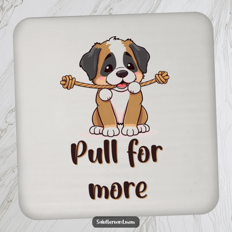 Funny Saint Bernard puppy coaster, a dog playfully tugging on a sturdy rope, protecting surfaces with adorable, humorous determination, great gift.