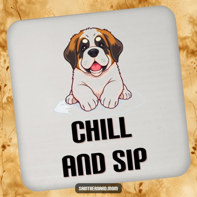 Funny Saint Bernard dog coaster featuring paws resting on soft snow, a humorous and protective winter accessory.