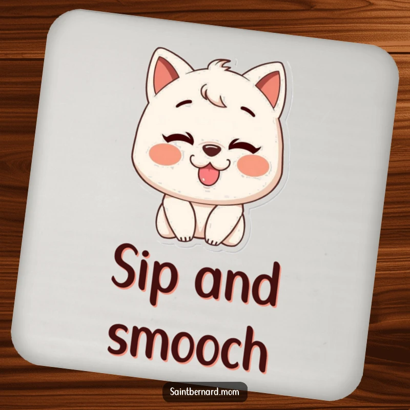 Funny drink coaster featuring a character’s huge grin offering a slobbery kiss, symbolizing affection while safeguarding your surfaces.