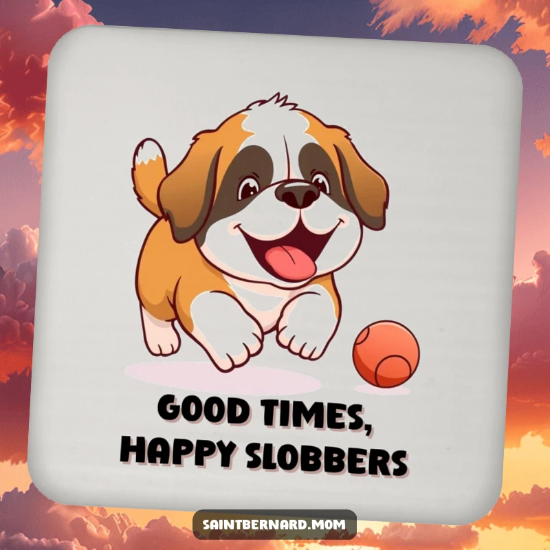 Funny Saint Bernard coaster showing a joyous dog in pursuit of a rolling ball, adding playful humor to your tabletop.