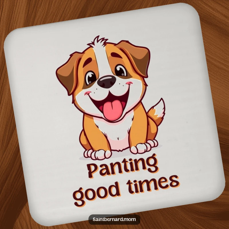 Funny Saint Bernard dog character with a happy, excited panting expression on a protective drink coaster.