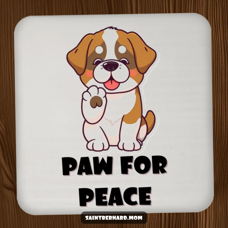 Funny Saint Bernard coaster with a kawaii dog offering a paw, symbolizing protection and friendship in a cute design.
