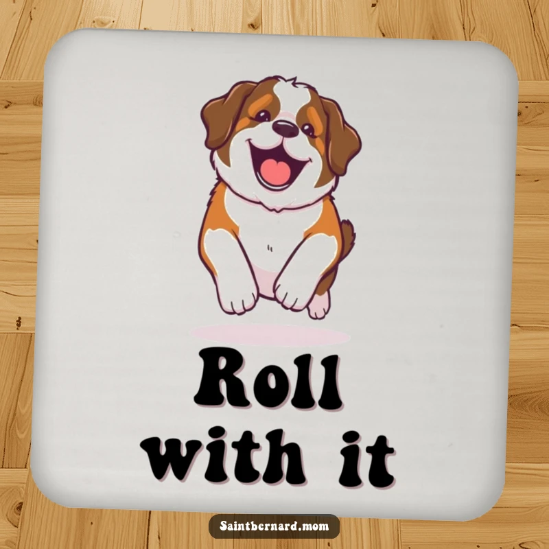 Funny Kawaii Saint Bernard coaster, a dog in a happy, lumbering roll with pure glee, protecting surfaces with cheer.