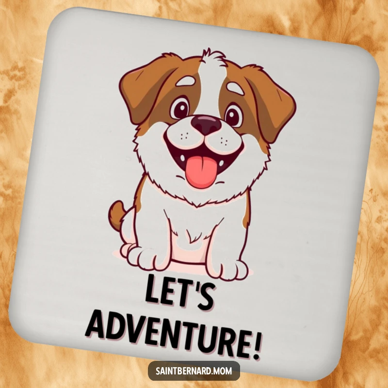 Funny Saint Bernard coasters featuring a happy, panting dog ready for adventure, protecting your furniture with style and humor.