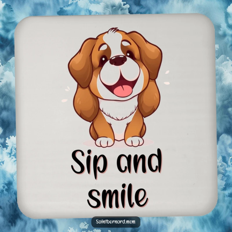 Funny Saint Bernard Lady Coaster showing a cheerful dog with an open-mouthed happy bark, protecting tables with canine joy.