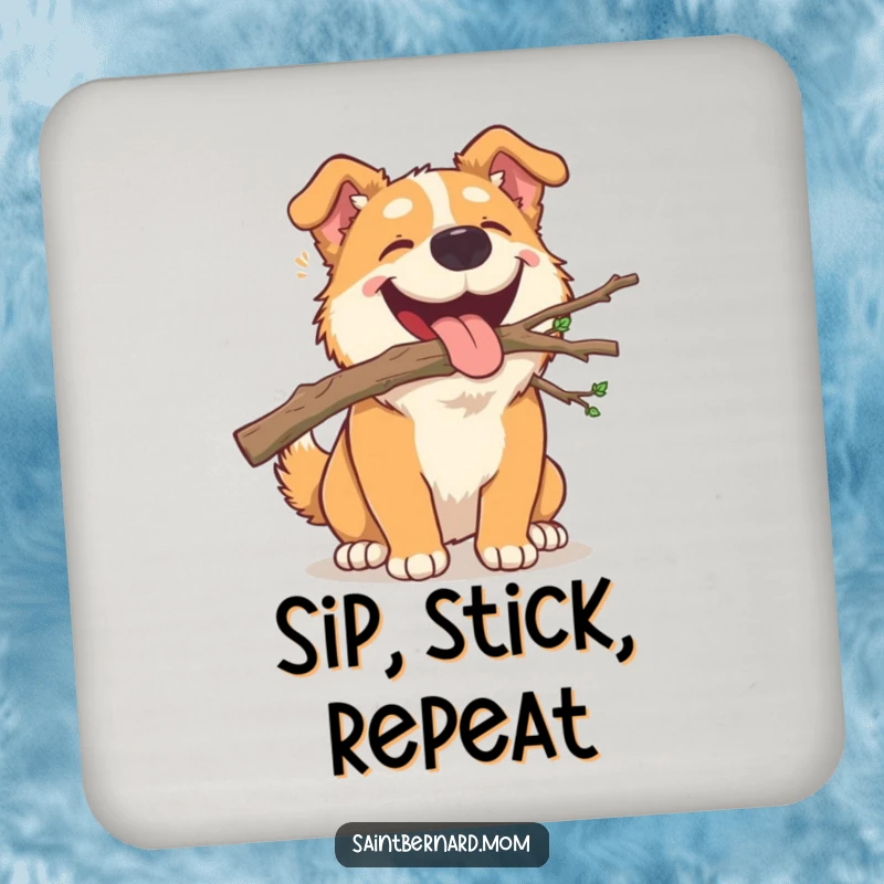 Funny Drink Coaster: A large dog joyfully carrying a small, fallen branch in its mouth, adding humor to drink protection.