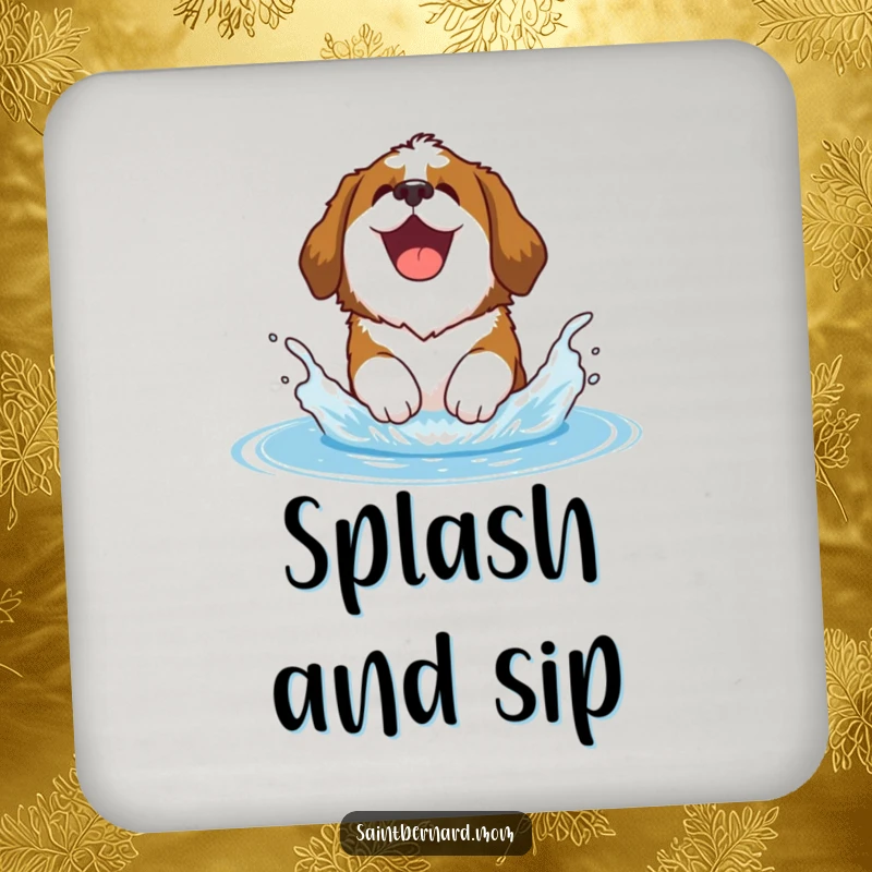 Funny Saint Bernard coaster showing a happy Saint Bernard dog joyfully splashing in water, protecting surfaces with playful humor.