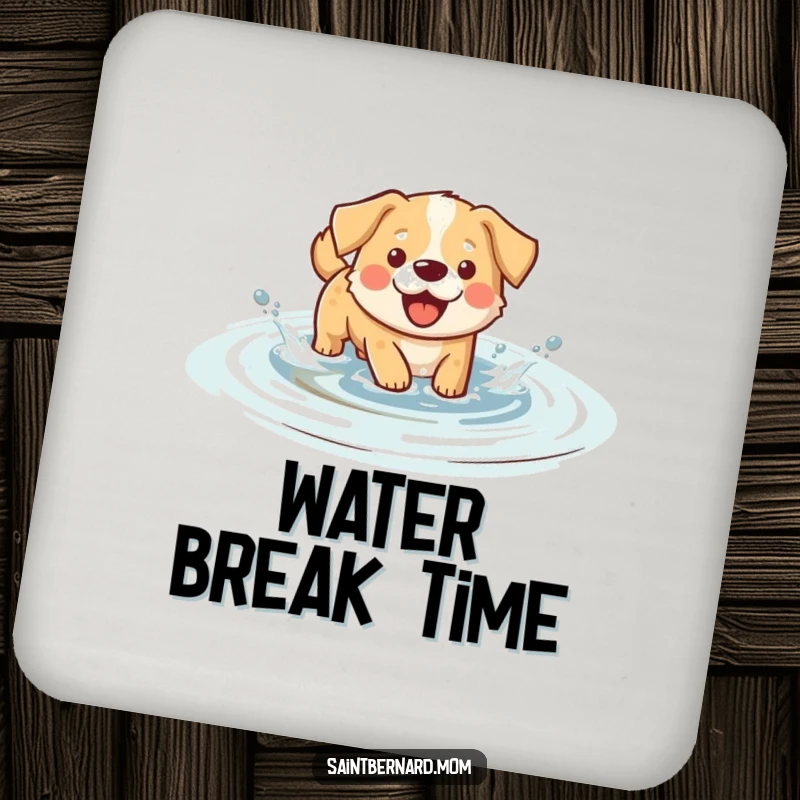 Funny splashing dog coasters, featuring a happy dog wading and splashing, symbolizing water fun and protecting surfaces.