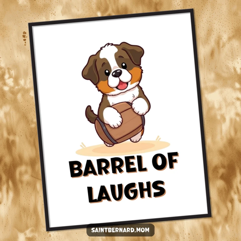 Funny Saint Bernard puppy poster, a kawaii dog heroically carrying a small barrel, bringing cheer and humor to any wall space, ideal gift.