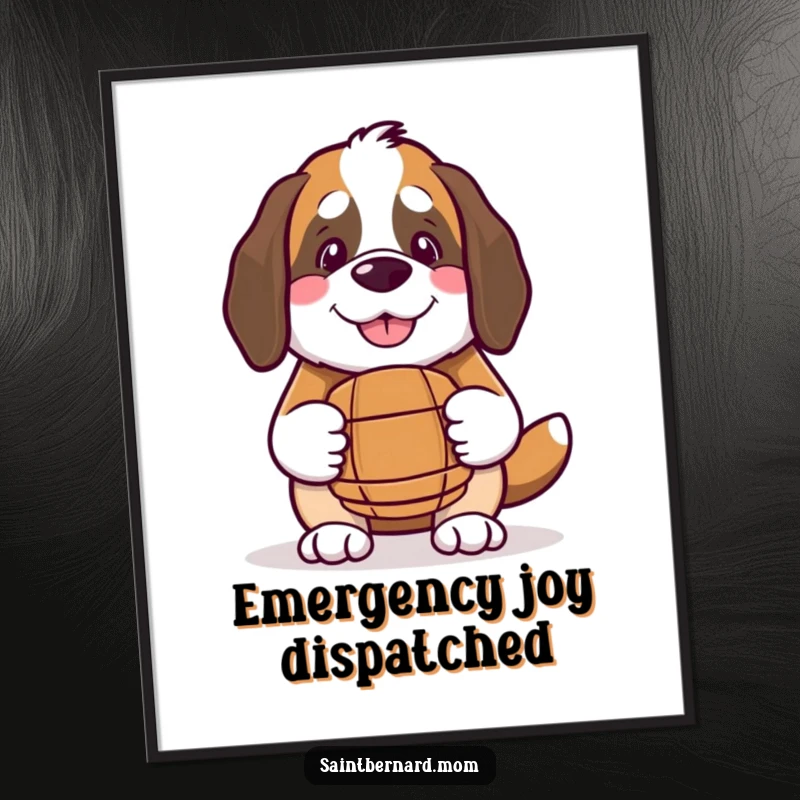 Funny Kawaii Saint Bernard poster, illustrating a benevolent dog with a smile and a small barrel, adding cheer to any wall.