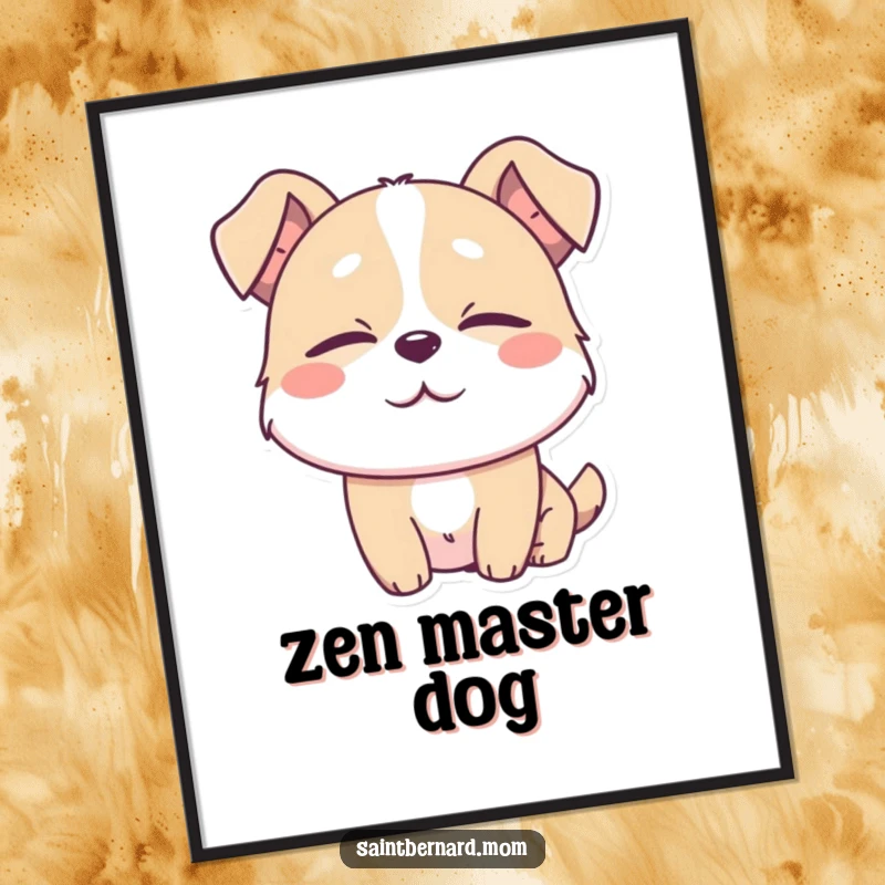 Funny poster print of a dog character with eyes half-closed in absolute contentment, symbolizing deep peace and blissful relaxation.