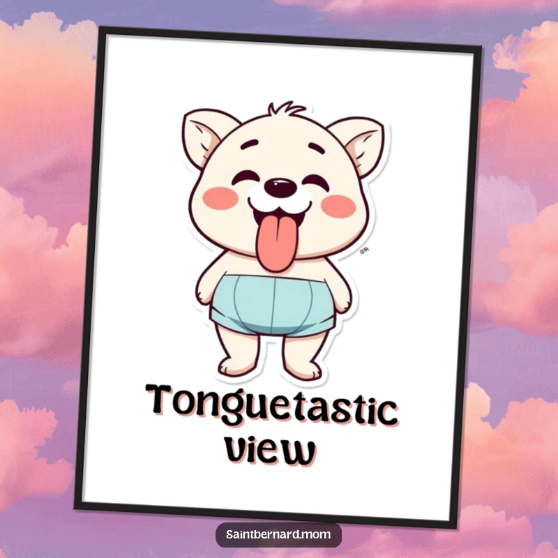 Funny poster showcasing a character mid-pant with tongue out, radiating pure happiness and a love for life, perfect wall decor.