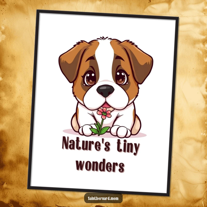 Funny Kawaii Saint Bernard poster, a curious dog sniffing a small flower, symbolizing gentle exploration and natural beauty on walls.