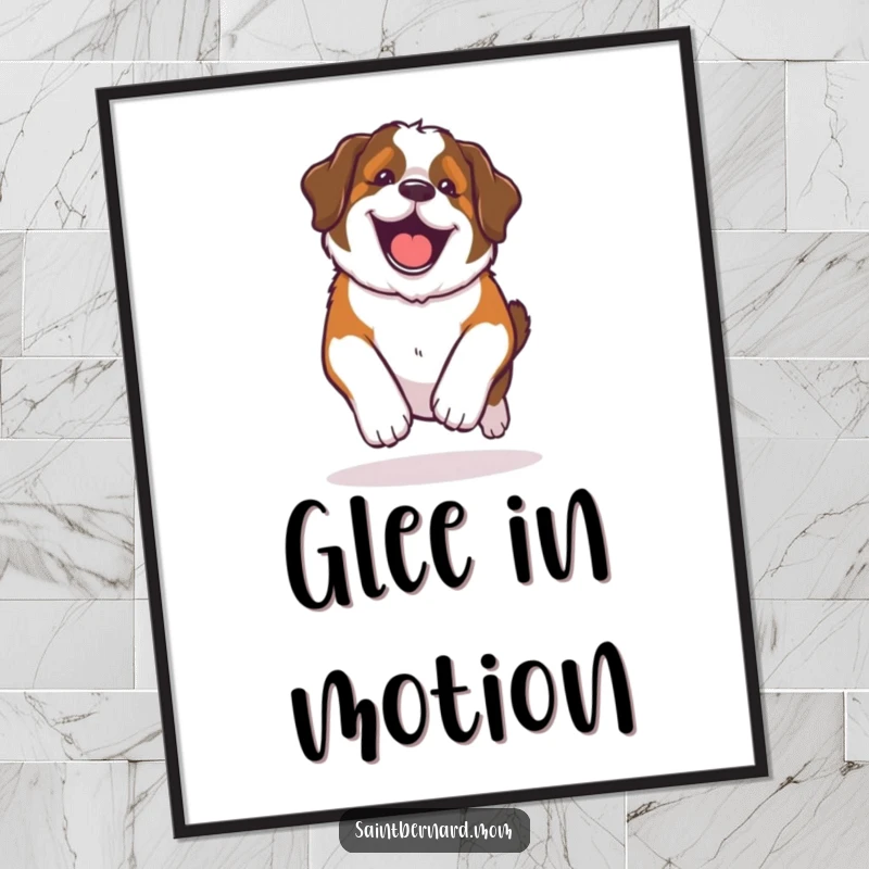 Funny Kawaii Saint Bernard poster, illustrating a dog doing a happy, lumbering roll with pure glee, adding cheer to walls.