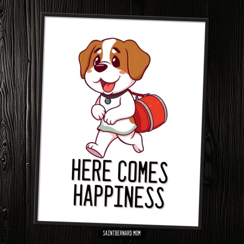 Funny Saint Bernard Lady Poster of a dog carrying a small red barrel, conveying a message of helpfulness and friendly service.