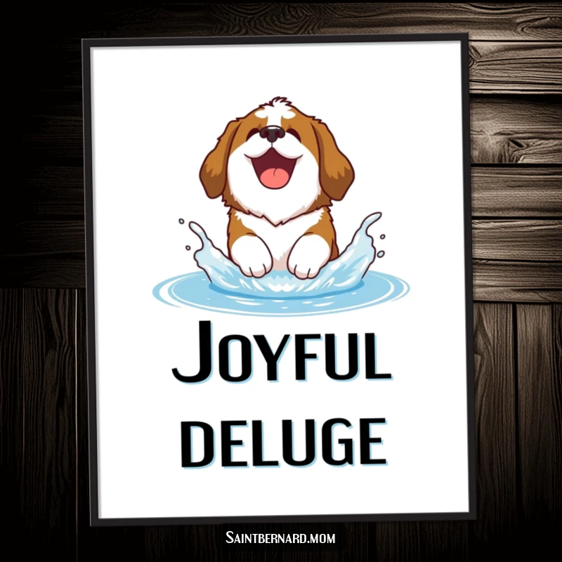 Funny Saint Bernard poster showing a happy Saint Bernard dog joyfully barking and splashing in water, perfect wall art for a playful vibe.