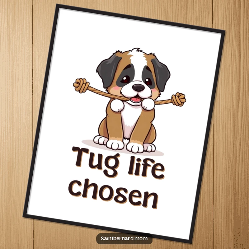 Funny Saint Bernard puppy poster, a dog playfully tugging on a sturdy rope, showing energetic determination, perfect for dynamic wall decor.