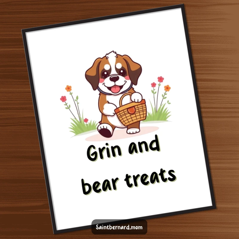 Funny kawaii Saint Bernard dog depicted with a wide grin, carrying a tiny picnic basket, presented on a charming poster.
