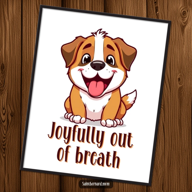 Funny Saint Bernard dog character with a happy, excited panting expression on an energetic poster.