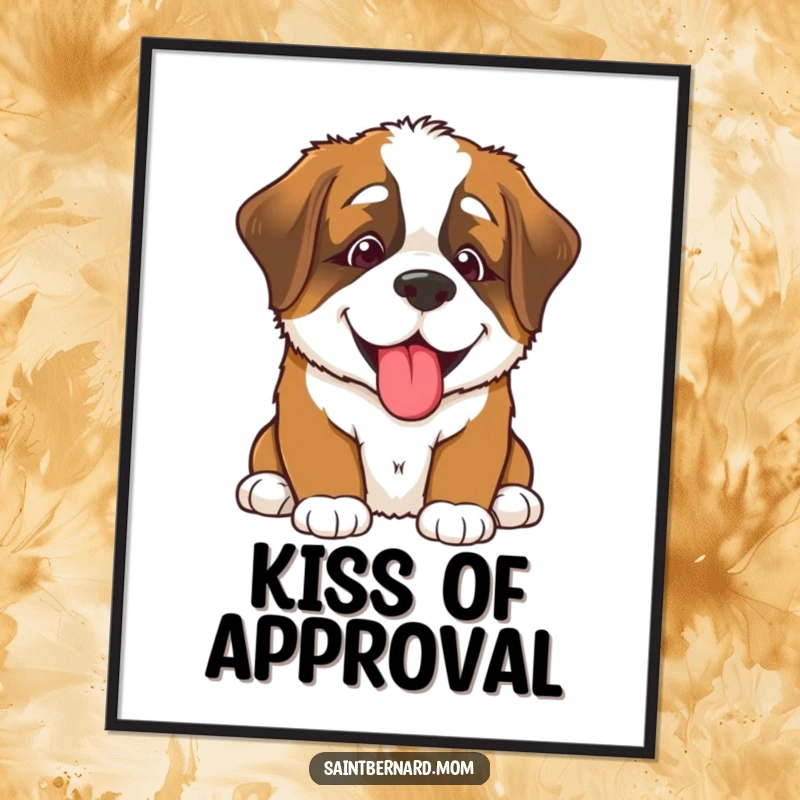 Funny Saint Bernard puppy poster, a smiling dog offering a big lick, radiating pure happiness and love, perfect for cheerful wall decor.
