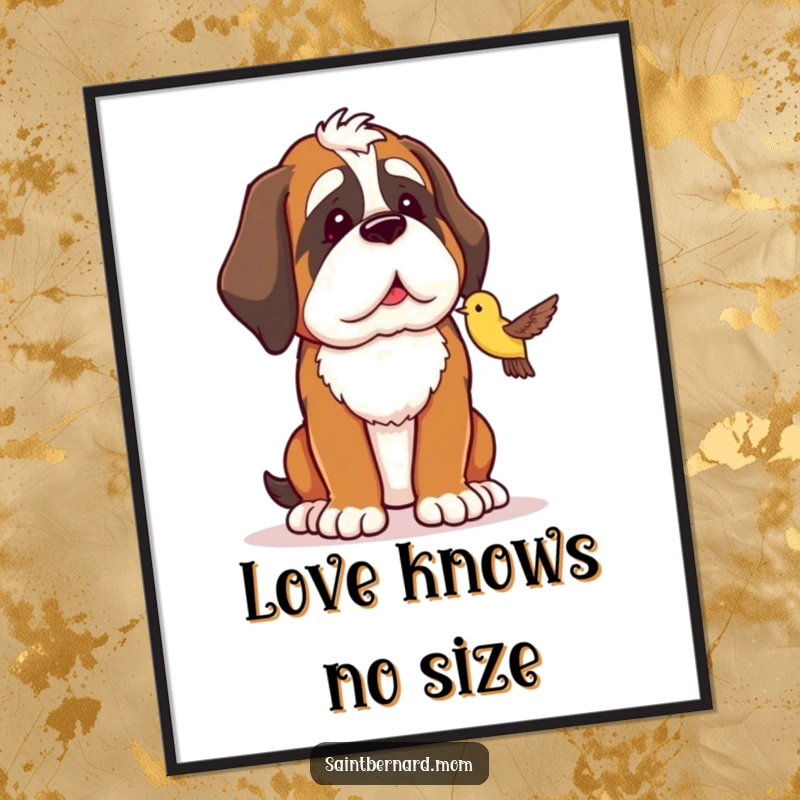 Funny Saint Bernard poster print showing a dog in a protective stance, fondly looking at a tiny bird, symbolizing compassion.