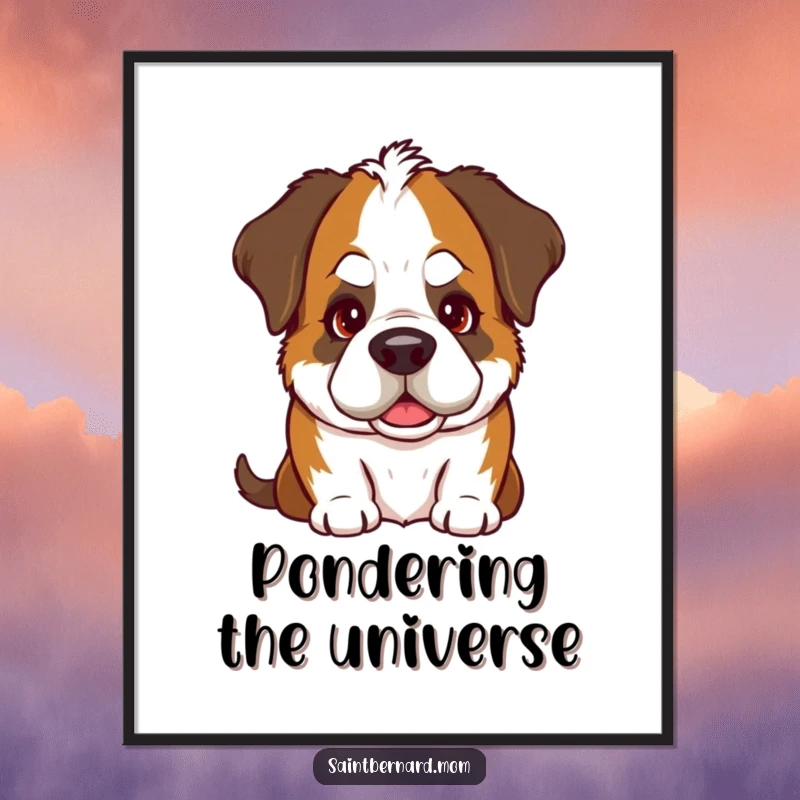 Funny Saint Bernard poster art of a dog in a classic goofy head tilt with an incredibly warm and loving gaze.