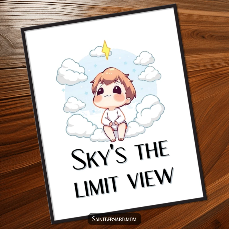 Funny poster showcasing a character gazing upwards at fluffy clouds with an expression of utter contentment and peaceful bliss.