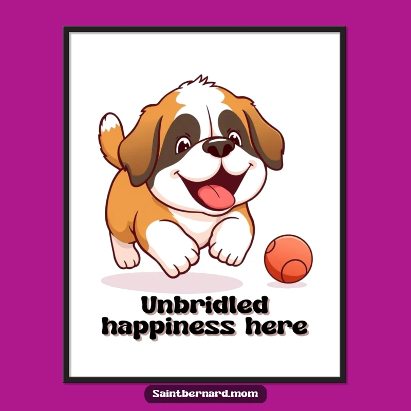 Funny Saint Bernard Joyful Ball Chase Poster - Whimsical Dog Art Print