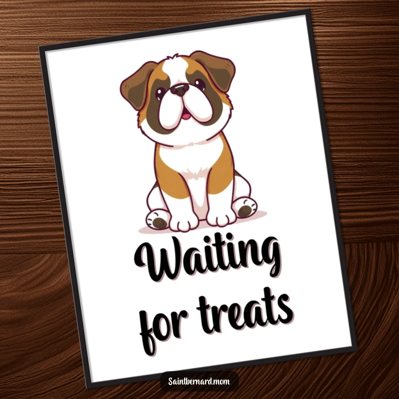 Funny Kawaii Saint Bernard poster art of a dog sitting attentively with perked ears, conveying focused humor and loyal companionship for wall decor.
