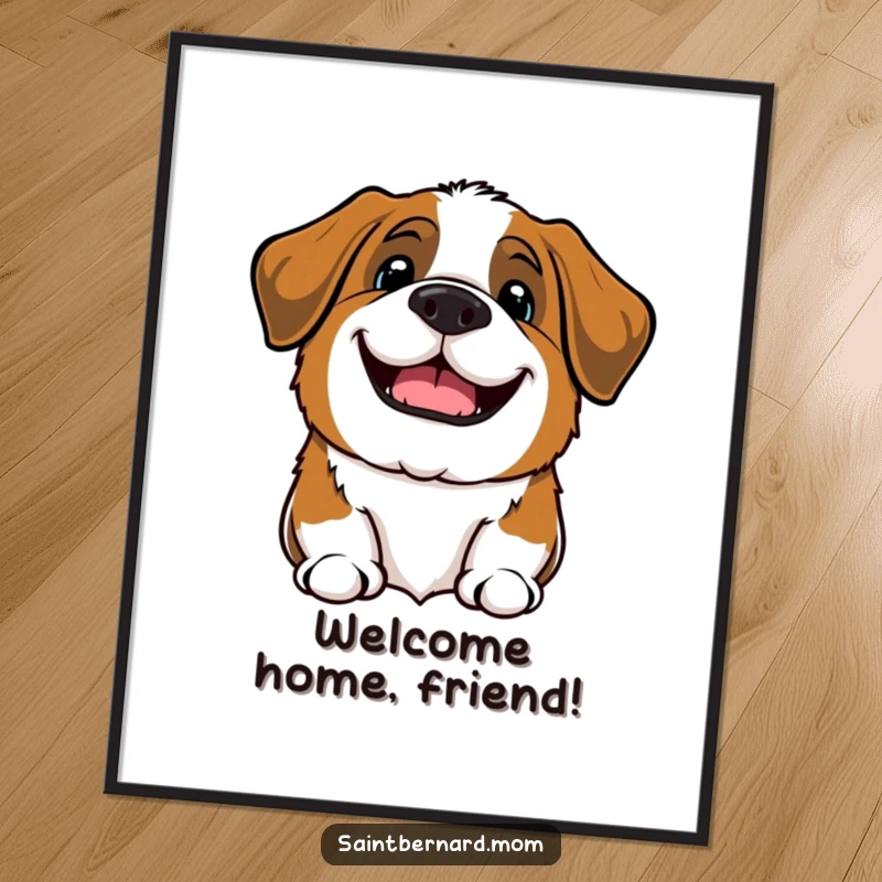 Funny Kawaii Saint Bernard dog poster, cheerful artwork of a big barking dog with a grin, friendly wall decor.