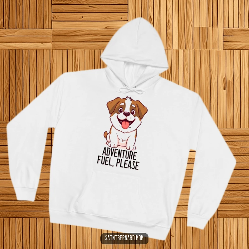 Funny Saint Bernard hoodie showing a happy, panting dog with its tongue out, excited and ready for a grand adventure.
