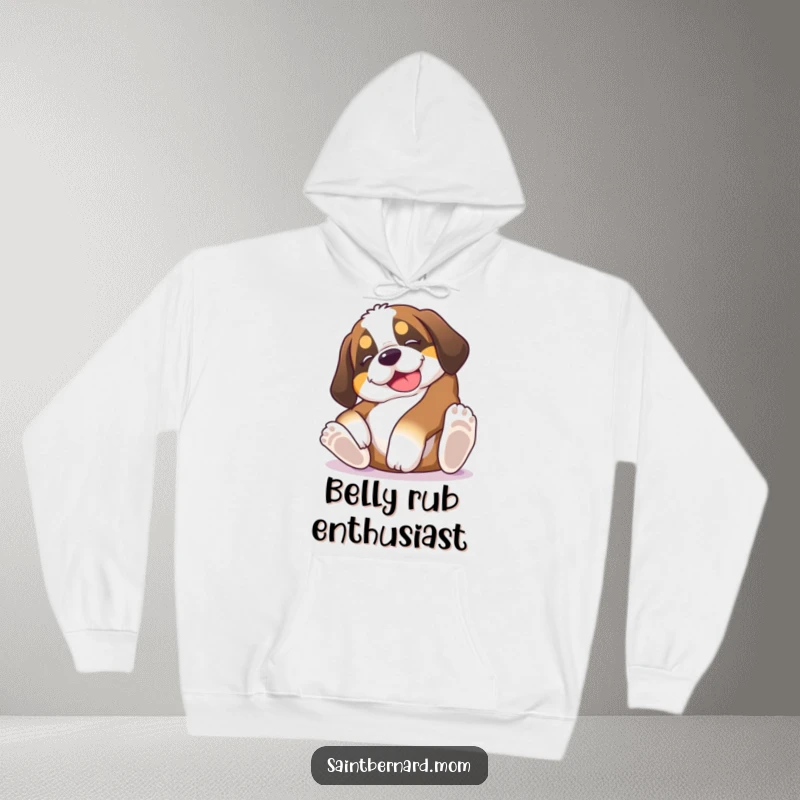 Funny Saint Bernard puppy hoodie, a dog hilariously rolling on its back, begging for belly rubs with pure delight, cozy and fun gift.