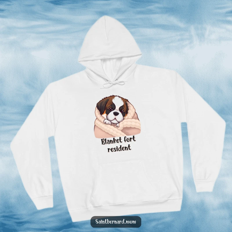 Funny Saint Bernard puppy hoodie showing a dog's adorable face peeking from behind a thick, cozy wool blanket.