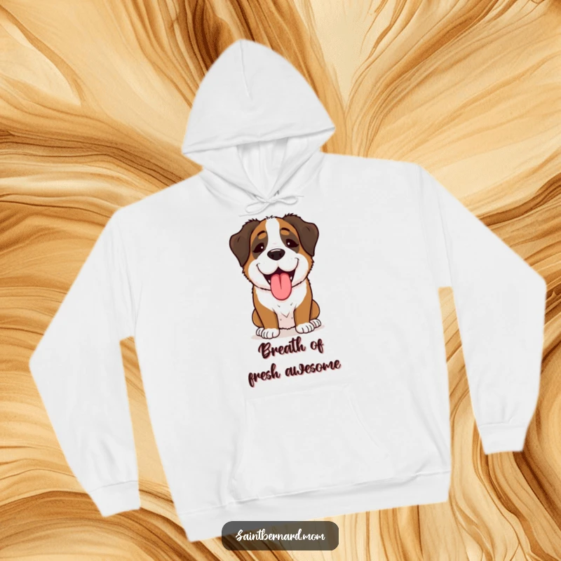 Funny Saint Bernard Lady Hoodie, enthusiastically panting with pure joy, offering warmth and a humorous, happy dog design.